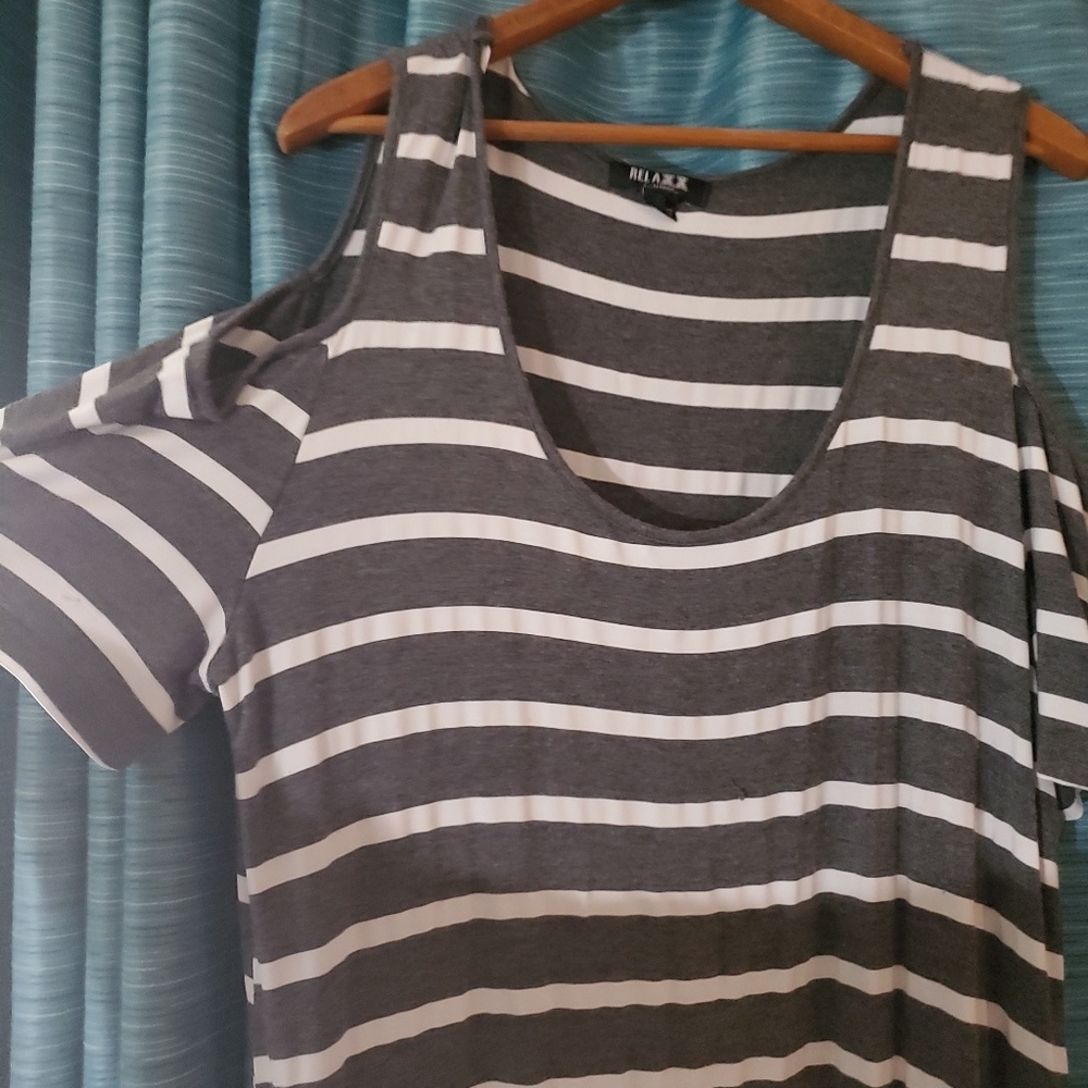 Grey & white striped maxi dress off the shoulder